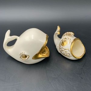 2 VTG Whale Fish Figurine Ashtray Mouth Open Porcelain 22c Gold Signed